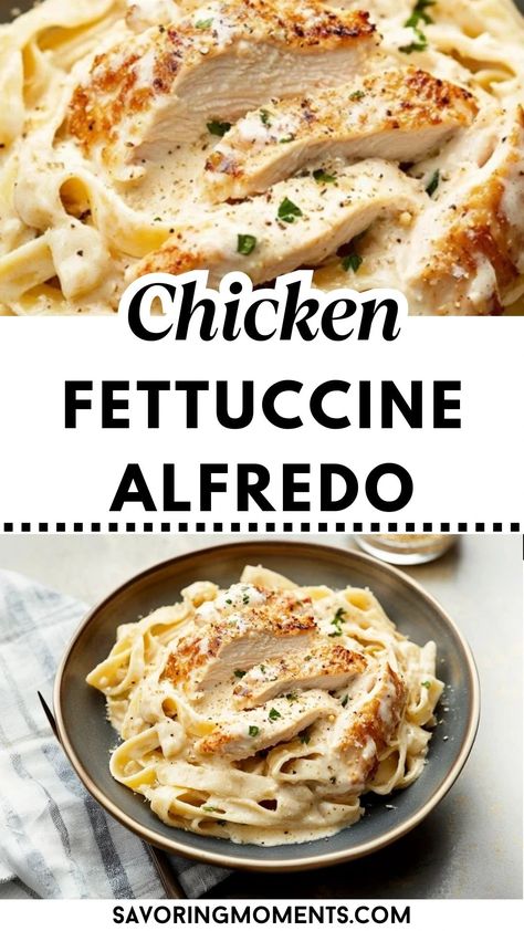 Indulge in the creamy goodness of chicken fettuccine Alfredo! Tender chicken and rich, cheesy Alfredo sauce tossed with fettuccine make for a classic, comforting meal. #ChickenAlfredo #FettuccineAlfredo #CreamyPasta #ComfortFood #EasyDinners #ItalianRecipes #OnePotMeals #CheesyPasta #WeeknightDinners #ChickenPasta Fettuccine Alfredo For One, Easy Pasta Recipes Alfredo, Chicken Alfredo With Ragu Sauce, Best Fettucini Alfredo Recipe Easy, Chicken Alfredo With Store Bought Sauce, Chicken Alfredo Stovetop, Gluten Free Chicken Alfredo Recipe, Chicken Alfredo Without Heavy Cream, Chicken Alfredo Easy Simple