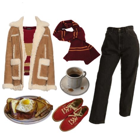 Hogwarts Outfits Gryffindor, Gryffindor Clothes, Gryffindor Outfit Aesthetic, Marauders Outfits, Hp Shifting, Hogwarts Fashion, Shifting Clothes, Gryffindor Outfit, Early Breakfast