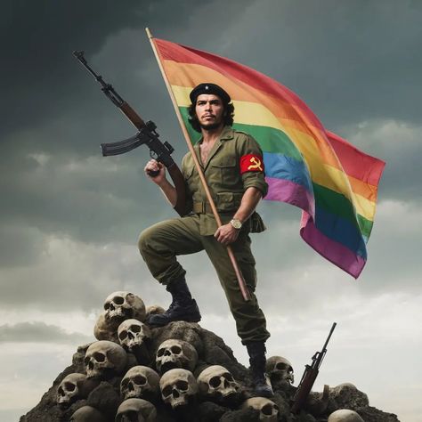 En esta obra digital yuxtapongo símbolos y figuras históricas para hacer una crítica incisiva: Ernesto "Che" Guevara sostiene una bandera LGBT mientras se encuentra de pie sobre una pila de calaveras, portando un costoso Rolex. A primera vista, podría parecer una celebración de los derechos LGBTQ+, pero una mirada más profunda revela una sátira mordaz que critica tanto a la izquierda como a la derecha por sus contradicciones y s... Ernesto Che Guevara, Ernesto Che, Cuba, Fig, Che Guevara, Pie, Art