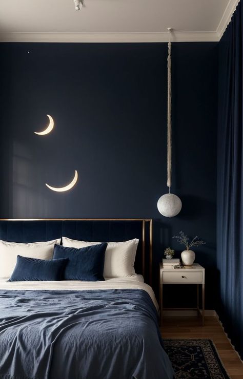 Navy Bedroom Black Bed, Cool Tone Bedroom Ideas Blue, Dark Blue Aesthetic Room Decor, Dark Blue And Beige Bedroom, Light Blue Black And White Bedroom, Dark Blue Wallpaper Bedroom, Bedroom With Navy Walls, Navy Blue Bedroom Decor Ideas, Moody Blue Bedroom Ideas