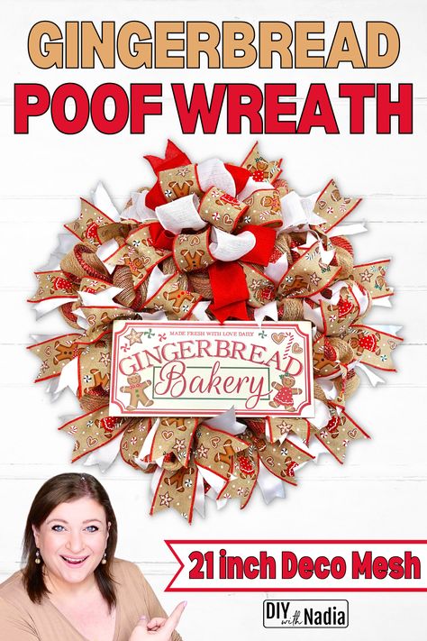 How to make GINGERBREAD Deco Mesh POOF WREATH Christmas DIY | Layered Ribbon Bow Tutorial Gingerbread Deco Mesh Wreaths, Mesh And Ribbon Wreath Tutorial, Deco Mesh And Ribbon Wreath Diy, Diy Gingerbread Wreath, Gingerbread Wreath Ideas, Wreath Tutorial Christmas, Wreath Christmas Diy, Ribbon Wreath Tutorial, Ribbon Bow Tutorial