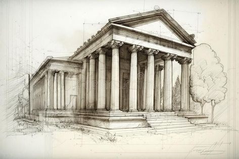 Pencil sketch drawing of Roman building architecture and city landmark royalty free stock image Roman Empire Drawing, Greek Architecture Sketch, Roman Architecture Drawing, Greek Plates, Landmark Drawing, 2 Point Perspective Drawing, Road Drawing, Roman Roads, Japanese Style House