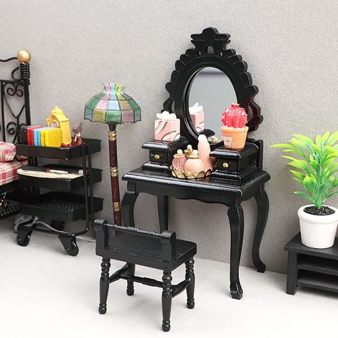 House Decor Black, Mini Dressing Table, Dollhouse Dresser, Wooden Dollhouse Furniture, Mini Dressing, Doll House Bedroom, Doll House Decor, Mirrored Vanity Table, Retro Mirror