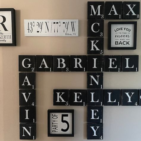 McKinley loved their purchase from DesignsByGriffis Black White And Grey Living Room, White And Grey Living Room, You And Me Sign, Matt Kitchen, Family Gallery Wall, Scrabble Wall Art, Scrabble Wall, Wall Groupings, Family Wood Signs