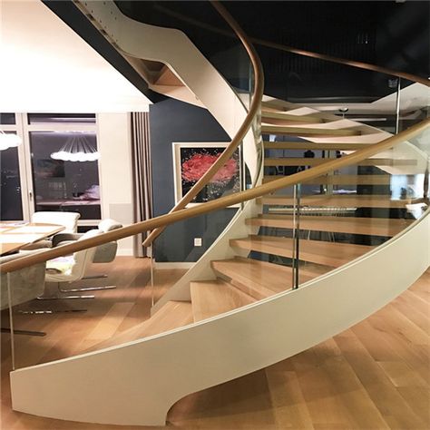 Stair Glass Railing, Curved Staircase Design, Stairs Curved, Stair Dimensions, Glass Staircase Railing, Curved Stairs, Spiral Stairs Design, Glass Stairs, Wood Staircase