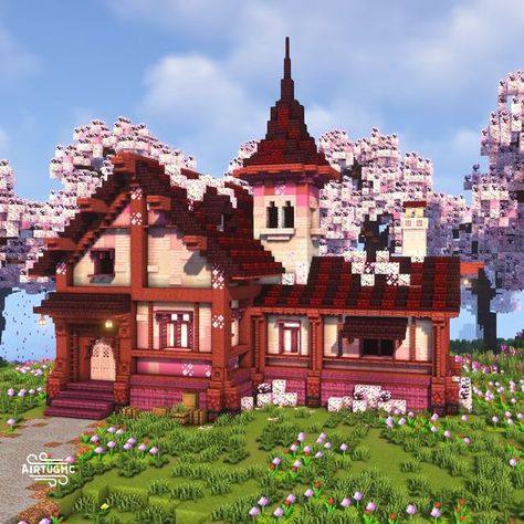 Pink And Red Minecraft House, Cherry Wood Castle Minecraft, Cherry Blossom Wood Minecraft, Big Cherry Blossom House Minecraft, 1.20 House Minecraft, 1.20 Minecraft House, Cherry Blossom Mansion Minecraft, Minecraft Fairytale Builds, Minecraft 1.20 House