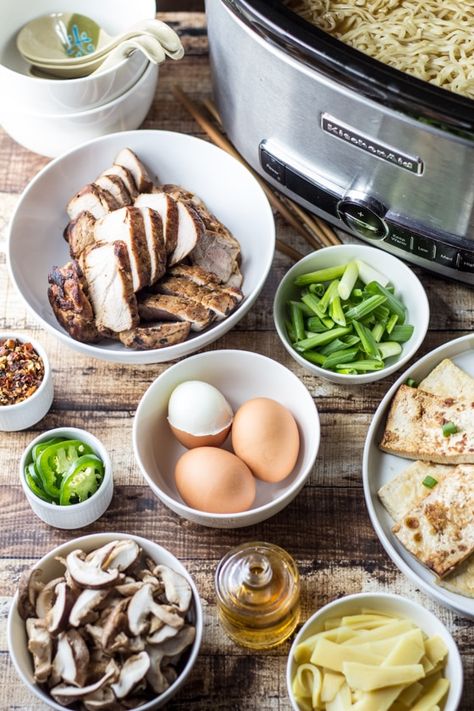 Build Your Own Ramen Bowl Party with this Ramen Broth Recipe - The Wanderlust Kitchen Noodles Seasoning, Diy Ramen, Food Bar Ideas, Ramen Dinner, Party Food Bars, Ramen Broth, Party Food Bar, Ramen Bar, Mushroom Broth