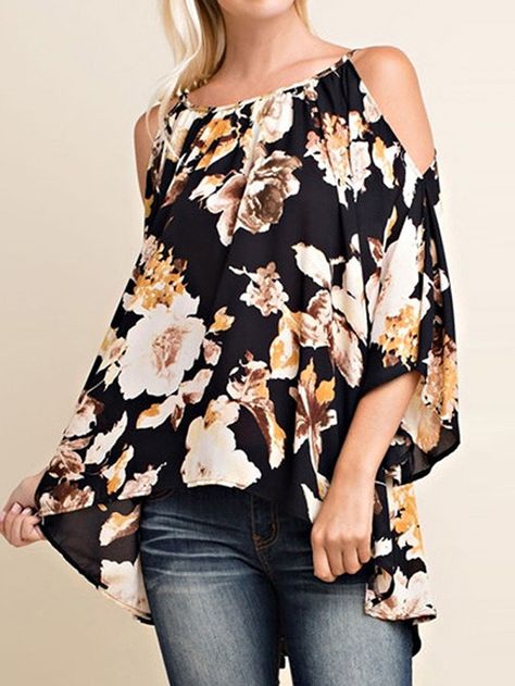 ZANZEA Black Floral Print Cold Shoulder Tee Sassy Fashion, Blusas Top, Casual Work Wear, Floral Print Tunic, Women Blouses Fashion, Wardrobe Fashion, Off Shoulder Shirt, Floral Tunic Tops, Flared Sleeves Top