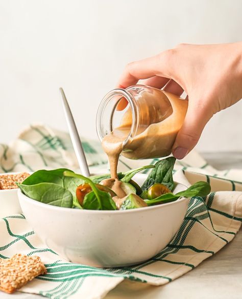 Easy Maple Tahini Dressing (Vegan And Gluten-Free) - Wow, It's Veggie?! Maple Syrup Dressing, Vegan Tahini Dressing, Maple Tahini Dressing, Tahini Salad Dressing, Tahini Dressing Recipe, Vegan Salad Dressing, Creamy Salad Dressing, Chopped Salad Recipes, Perfect Salad