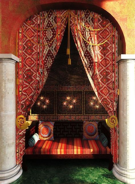 Stunning Moroccan Nook. I love the embroidered curtain patterns. Similar patterns can be found in my Kilims on my website. Moroccan Bedroom Arabian Nights, Moroccan Ceiling Drapes, Reading Alcove, Dark Moroccan Decor, Moroccan Doorway, Outdoor Nook, Moroccan Curtains, Reading Place, Morrocan Fabrics