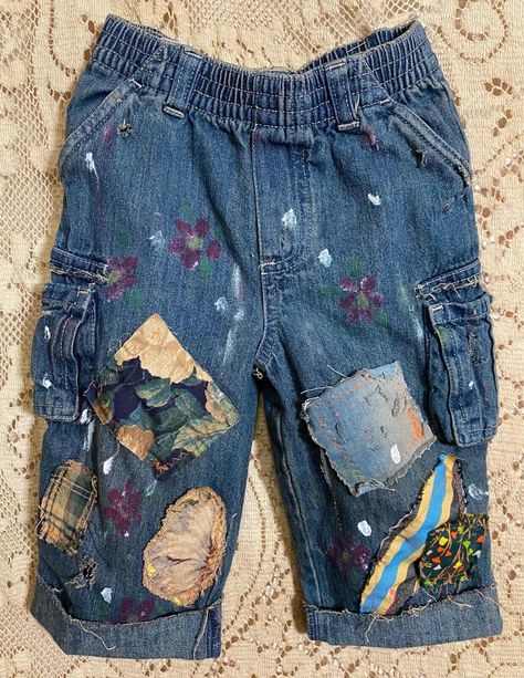 Upcycled, boho, hippie, patched, pocket, paint, flowers, heart, art,  kids jean Upcycled Kids Clothes, Jeans Art, Flowers Heart, Bohemian Baby, Paint Flowers, Art Kids, Jeans Kids, Heart Art, Baby & Toddler Clothing