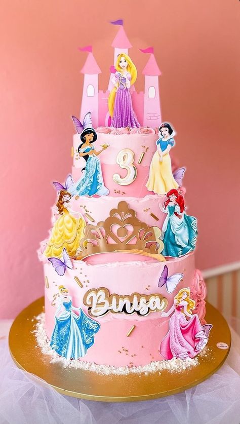 Princess Cake 3 Tier, 2 Layer Princess Birthday Cake, Disney Princess Cake Ideas, Cakes Princess, Princess Theme Cake, Disney Princess Cake Topper, Disney Princess Birthday Cakes, Disney Themed Cakes, Cartoon Birthday Cake