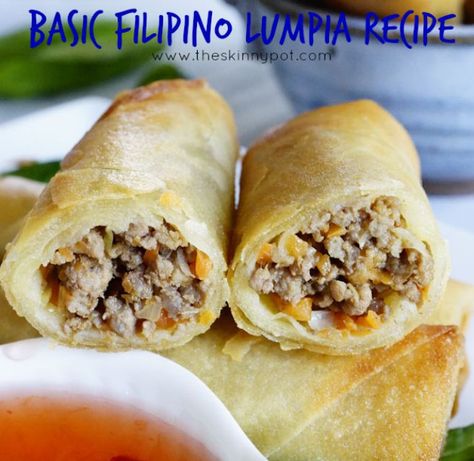 Basic Filipino Lumpia Recipe-There are so many ways in cooking and making lumpia, but I will share with you a lumpia recipe which is pretty much a base recipe for your lumpia. You can customize this recipe according to your liking. You can add, shrimp, add shredded cabbage, spinach and bean sprouts ( my most favorite) or change the meat into ground turkey or ground pork Easy Lumpia Recipe, Fried Lumpia, Lumpia Recipe Filipino, Filipino Lumpia, Lutong Pinoy, Lumpia Recipe, Easy Filipino Recipes, Pinoy Recipe, Rolls Easy