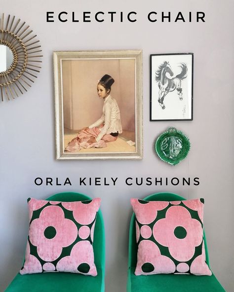 Retro Upholstery Fabric, Orla Kiely Living Room, Eclectic Chair, Mid Century Chairs, Orla Kiely Cushions, Colorful Cushions, Orla Kiely Fabric, Eclectic Chairs, South Manchester