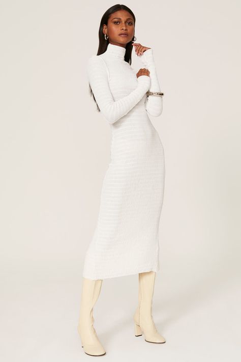 White long sleeve sweater dress. The world is your runway when you rent the runway. #TheWorldIsYourRunway White Maxi Sweater Dress, White Turtleneck Sweater Dress, Chic Long White Sweater Dress, Fitted White Turtleneck Dress, White Fitted Long Sweater Dress, Chic White Turtleneck Sweater Dress, White Fitted High Neck Sweater Dress, White Turtleneck Dress, Winter Sweater Dresses