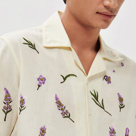 Embroidery Men’s Shirts, Hand Painted Shirts For Men, Floral Shirt Outfit, Geometric Borders, Paint Shirt, Lavender Outfit, Embroidery Business, Fabric Paint Shirt, Embroidery Stitches Beginner