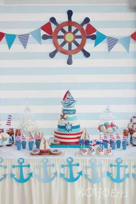 Red and blue nautical birthday party! See more party ideas at CatchMyParty.com! Sailor Party Games, Sailor Baby Showers, Sailor Birthday, Sailor Theme, Navy Party, Sailor Baby, Nautical Birthday Party, Nautical Themed Party, Nautical Birthday