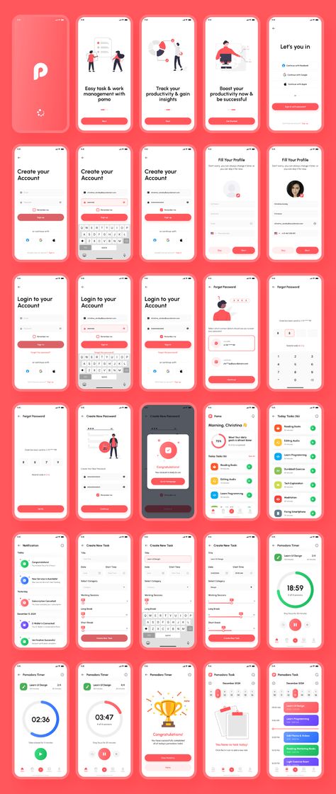 Pomo - Pomodoro & Timer App UI Kit on Behance Pomodoro Timer App, Task Management App, Pomodoro Timer, Timer App, Ux App Design, Scheduling App, Turn It Off, Mobile App Design Inspiration, App Interface Design