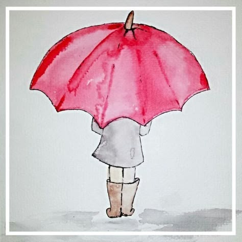 Umbrella Watercolor Painting, Watercolour Inspiration People, Watercolour Umbrella, Girl Holding Umbrella Drawing, Whimsical Watercolor Paintings, Girl With Umbrella Drawing, Aquarell Inspiration Easy, Drawing Umbrella, Red Watercolor Painting