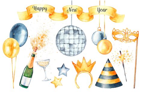 Free Vector | Free vector watercolor new year party element set New Year Watercolor, Icons Party, New Year Clipart, Party Icon, Watercolor Art Landscape, New Year Party, Watercolor Images, Ball Lights, Set Free