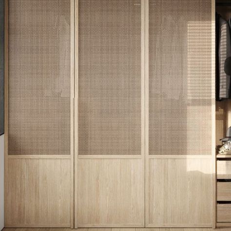 These beautifully crafted rattan cabinet doors combine natural materials and elegant joinery to create a warm and inviting atmosphere in any room. Perfect for those looking for sustainable and stylish solutions.    #enginneredbamboo #bamboo #bamboodesigns #interiordesign #interiorstyle #designinspiration #designinspo #bambooforchange #rattan #interiordetails #contemporaryinteriors #archilovers #interiorstyling #interiorinspo #interiordesignlovers  #rattanjoinery #rattancabinet Rattan Doors Cabinets, Natural Wood Closet Doors, Jute Doors, Rattan Wardrobe Doors, Cane Closet Doors, Rattan Cabinet Doors, Wardrobe Shutter Design, Rattan Wardrobe, Wood Closet Doors