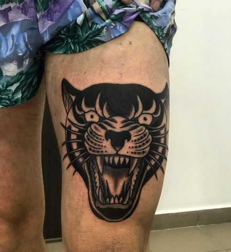 Traditional Tattoo Elbow, Traditional Panther Tattoo, Thigh Tattoo Men, Cupid Tattoo, Tatuagem Masculina Pequena, Panther Head, Art Flash, Panther Tattoo, Traditional Tattoo Sleeve