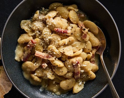 Creamy White Beans With Pecorino and Pancetta Recipe - NYT Cooking Quick Tomato Soup, Creamy White Beans, Pancetta Recipes, Easy Dumplings, Pasta Seafood, Saag Paneer, Meat Pizza, Butternut Squash Salad, Beef Barley