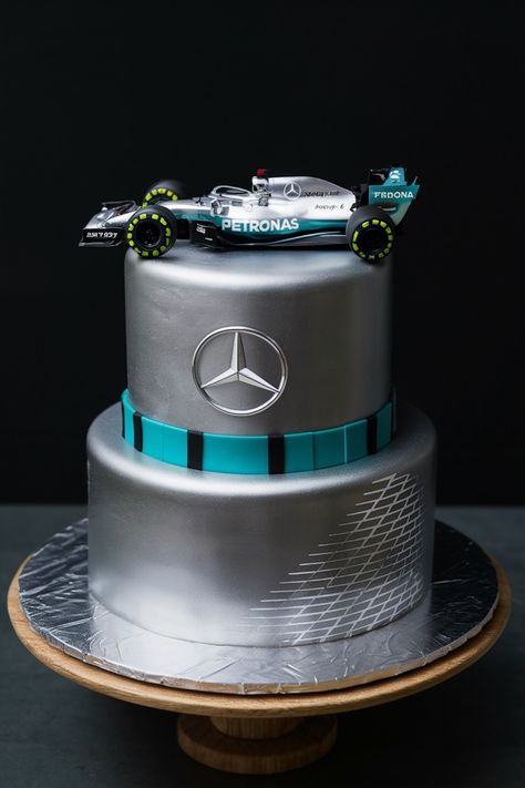 Stunning Mercedes F1 Cakes That Every Man Will Adore Mercedes Birthday Party, F1 Theme Cake, Car Cake Designs For Men, Mercedes Cake Birthdays, Car Theme Cake For Men, Porsche Cake, F1 Cake, Car Cakes For Men, Cars Cake Design