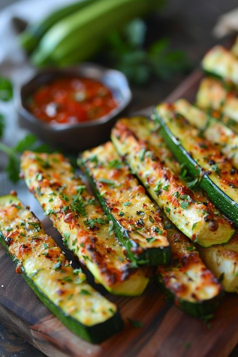 Grilled zucchini with melted cheese and herbs, served on a wooden board with a side of tomato salsa. Zucchini Bread Sticks, Zucchini Sticks Air Fryer, Zucchini Garlic Bites Air Fryer, Airfry Zucchini Recipes, Air Fried Zucchini, Zucchini Fries Air Fryer, Zucchini Recipes Air Fryer, Zucchini Air Fryer Recipes, Fried Zucchini Recipe