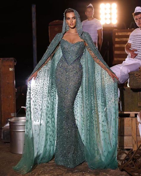 Sadek Majed, Hooded Gown, Elven Queen, Tulle Gloves, Goddess Fashion, Feather Gown, High Fashion Dresses, Gowns Dresses Elegant, Gown Inspiration