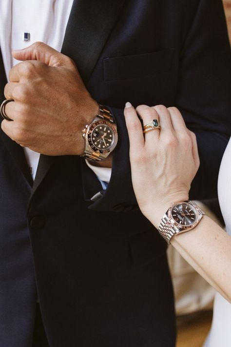 Wedding gift ideas for the groom, wedding gift ideas for the bride, Rolex watches, Navy blue suit, Groom fashion, groom attire, black tie wedding ideas Matching Rolex Watches Couple, Couple Watch Photography, Engagement Watch For Men, Rolex Couple Watch, Rolex Couple, Wedding Watches, Engagement Watch, Swan Photography, Blue Tux