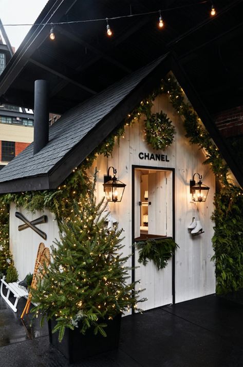 Chanel Opens A Winter Wonderland Pop-Up At The Standard In New York City Winter Pop Up Store, Outdoor Christmas Display Forest, Christmas Vendor Booth Ideas, Backyard Winter Wonderland, Christmas Cafe Decor Ideas, Christmas Street Decorations Cities, Christmas Pop Up Shop, Nyc Christmas Window Displays, Winter Carnival