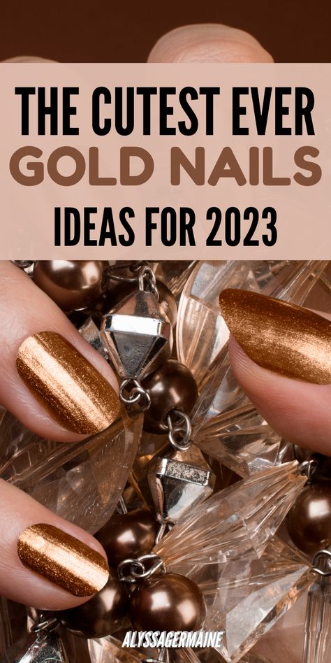 GOLD NAILS. The best tips and ideas for any kind of nail! Here you will find the best and latest ideas, styling treatments and inspiration on nails. Nails In Gold Color, September 2023 Nail Ideas, Shades Of Gold Nails, Gold Gel Nails Ideas, Copper And Gold Nails, Shimmery Gold Nails, Bronze Nails Designs Fall, Gold And Silver Nails Ideas, Short Oval Fall Nails