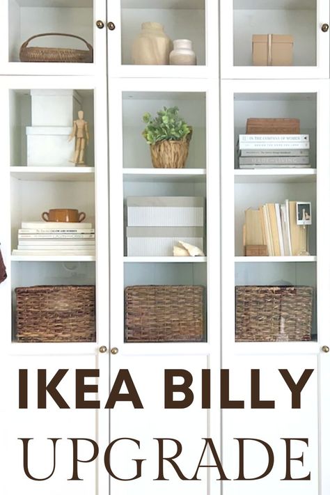 Ikea Billy Glass Doors, Billy Bookcase Solid Doors, Billy Oxberg Bookcase Glass Doors, Ikea Bookcase With Glass Doors, Billy Bookcase With Glass Doors Hack, Billy Bookcase With Oxberg Doors, Glass Door Bookcase Styling, Ikea Billy Bookcase Decor, Bookcase Billy Ikea