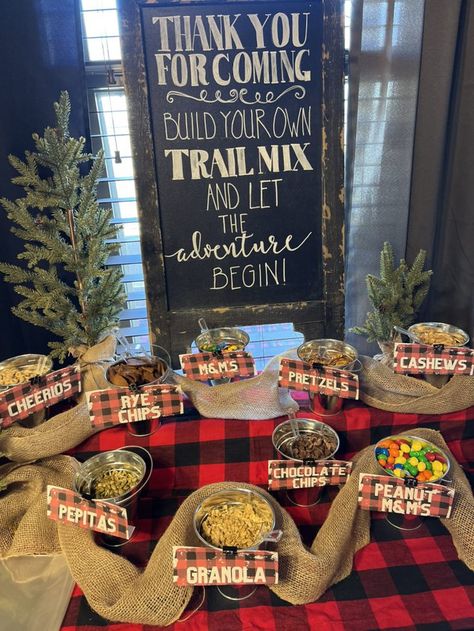 Trail Mix Bar Birthday Party, Trail Ride Party Ideas, Create Your Own Trail Mix Bar, Eagle Scout Trail Mix Bar, One Happy Camper First Birthday Trail Mix Bar, Lumberjack Trail Mix Bar, Make Your Own Trail Mix Bar, Moose Birthday Party, Trail Mix Bar Make Your Own