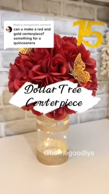 Home Goodiys on Instagram: "✨DIY Dollar Tree Centerpiece Idea✨ Follow me 👉 @homegoodiys for more! ✨Happy Wednesday Ig fam! I fulfilled this DIY request for a red & gold quinceanera centerpiece. Everything I used is from the Dollar Tree, except gold butterflies & 15 sign which are from Amazon. I’ll have them linked in my bio if you want to check them out! ✨This centerpiece was incredibly easy to make and very inexpensive! Hope you enjoy and let me know if you have any questions! 🤗 #diydol 15 Party Ideas Quinceanera, Quince Centerpieces, Centerpieces Quinceanera, Diy Dollar Tree Centerpieces, Dollar Tree Centerpieces, Quince Decor, Sweet 16 Centerpieces, Sweet 15 Party Ideas Quinceanera, Butterfly Centerpieces