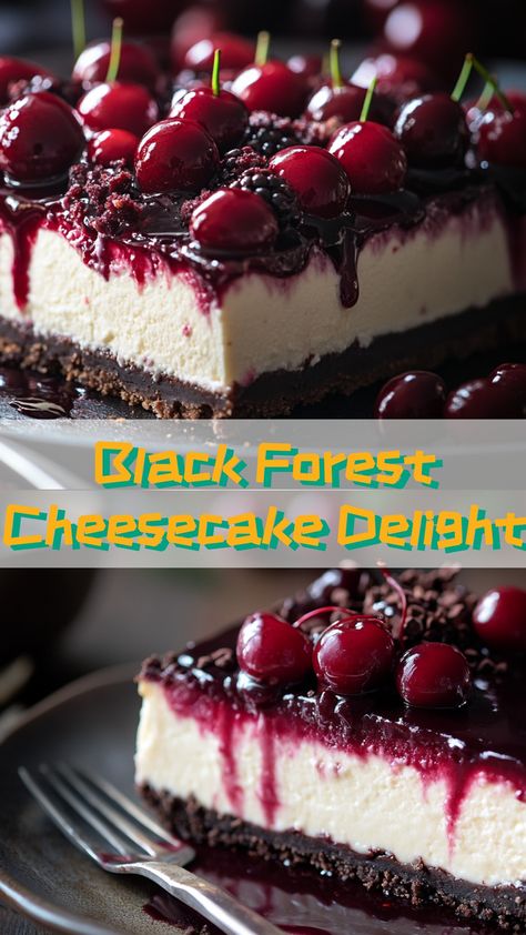 Indulge in our decadent Black Forest Cheesecake Delight 🍫🍒, featuring a chocolatey crust, creamy cheesecake filling, and cherry topping. Perfect for any gathering! #dessertheaven #cherrylicious #cheesecakegoals Black Forest Cheesecake Delight, Black Forest Cheesecake Bars, Black Forest Cherry Cheesecake, Black Forest Cheesecake Recipe, Forest Desserts, Cheesecake Delight, Thanksgiving Cheesecake, Black Forest Cheesecake, Cheesecake Trifle