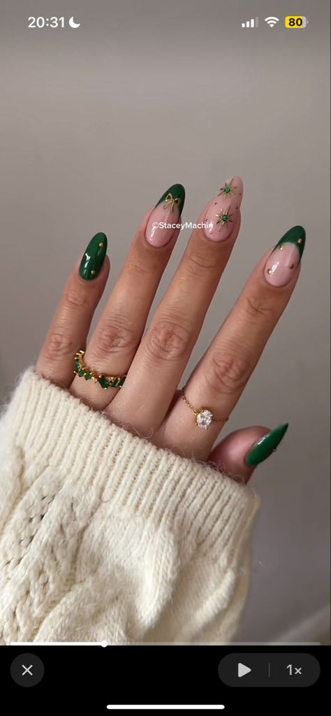 Xmas Green Nails, Christmas Nail Inspo Green, Saint Patrick’s Nails, Nails To Match Emerald Green Dress, Green Almond French Tip Nails, Green Bridal Nails, Dark Green Nails Christmas, Green New Years Nails, Dark Green Nails Acrylic