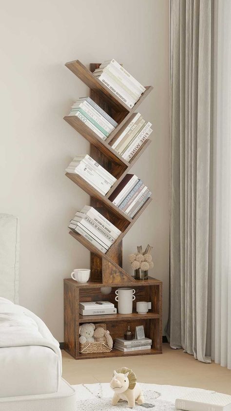 Maximize storage while adding a touch of rustic charm to your home with the SUNMORY 6 Tier Tree Bookshelf! Perfect for cozy reading nooks or modern living rooms. Book Shelf Organizer Ideas, Corner Bookshelves Bedroom, Narrow Bookshelves, Standing Book Shelf, Postmodern Interior, Small Bookshelves, Bookshelf With Storage, Cute Bookshelves, Bookcase With Storage