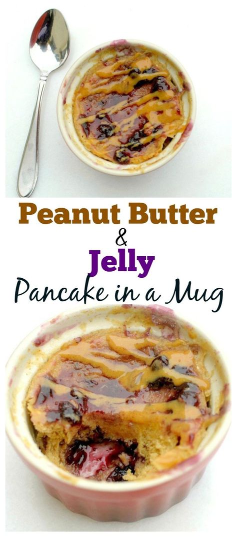 This Peanut Butter and Jelly Pancake in a Mug is made in less than 2 minutes with only a few ingredients! Now you can enjoy have pancakes on a busy morning too! #vegan #glutenfree Pancake In A Mug, Healthy Peanut Butter And Jelly, Recipes For Teens, Breakfast Peanut Butter, Breakfast Cakes, Peanut Butter Pancakes, Mug Cake Healthy, Recipe For Teens, Healthy Breakfast Recipes Easy