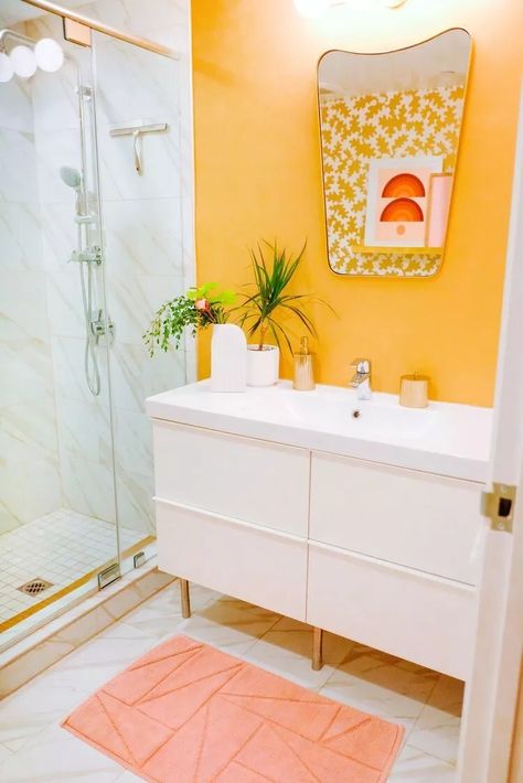 Shelf Wallpaper, Midcentury Modern Bathroom, Countertop Accessories, Ford Interior, Pop Of Yellow, Bathroom Accent Wall, Statement Mirror, Orange Bathrooms, Yellow Bathroom