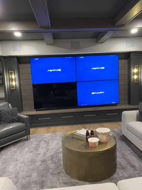 Basement Multiple Tv Wall, Basement Multiple Tv Wall Ideas, 4 Tvs On One Wall Game Room, Multi Tv Wall Ideas, Multiple Tv Wall Ideas Man Cave, Multiple Tvs On Wall, Man Cave Tv Wall, Dream House Basement, Basement Entertainment