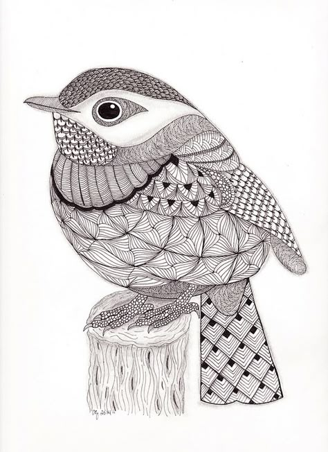 Tangled Little Flycatcher 61614 001 | by The Adventures of Dropstitchknitter Zentangle Animals, Zentangle Designs, Tangle Art, White Drawing, Zentangle Drawings, Doodles Zentangles, Mandala Design Art, Zen Art, Black And White Drawing