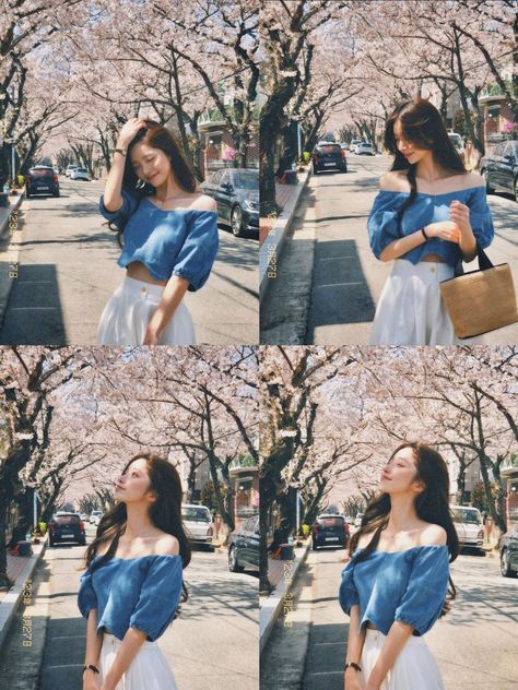 Cherry Blossom Poses Photo Ideas, Cute Solo Poses, Korean Poses Photo Ideas, Simple Pose Ideas, Cute Poses For Instagram, Cherry Blossom Photoshoot, Asian Photoshoot, Cherry Blossom Outfit, Cute Modeling Poses