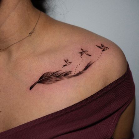 Feather Bird Tattoo Shoulder, Feather Tattoo Ideas, Hummingbird Flower Tattoos, Bird Shoulder Tattoos, Summer Tattoos, Women Tattoo Ideas, Meaningful Tattoo Ideas, Feather Tattoo Meaning, Feather With Birds Tattoo