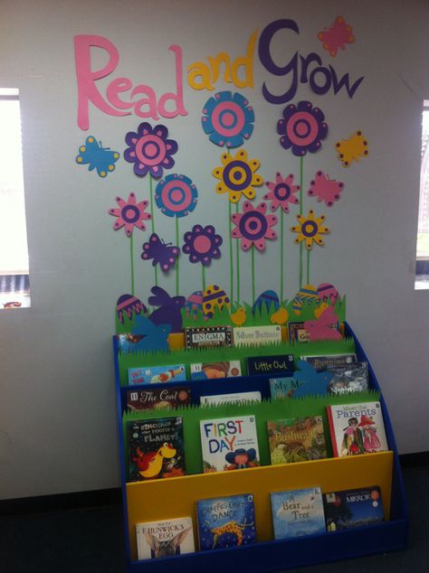 12 Amazing Library Display Ideas for Every Month – Saved you a Spot Library Corner For Kindergarten, Read And Grow Display, Library Area Ideas Preschool, Cute Preschool Bulletin Boards, Spring Library Bulletin Boards, Easter Library Displays, Spring Library Displays, Book Corner Display, Library Display Ideas