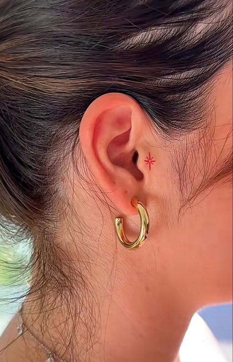 Tragus Ear Tattoo Ideas, Star On Ear Tattoo, Tattoos On The Ear, Ear Tragus Tattoo, Small Tragus Tattoo, Ear Piercing And Tattoo, Sparkle Ear Tattoo, Ear Tattoo Tragus, Tragus Ear Tattoo