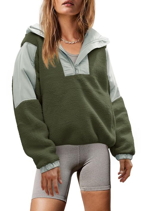 PRICES MAY VARY. Super soft fleece material, soft fluffy fleece fabric, comfortable and skin-friendly, makes you have a cute look, easy to match and wear it comfortable FASHION DEISGN: The 1/4 zip up sherpa pullover is very comfortable and loose to wear and you won't feel tight in it. It is made with soft fabric, making it more comfy against the skin, can be worn next to your skin, you will never want to take it off. Features: Hooded neckline, water-resistant woven patches, relaxed, slightly ove Cheap Cozy Fit Fleece Sweatshirt, Green Fleece Sweatshirt For Winter, Sherpa Half Zip Pullover Outfit, Cozy Green Fleece Sweatshirt, Cozy Green Fleece Outerwear, Zip Up Pullover, Hiking Wear, Lady Clothes, Fashion Outerwear