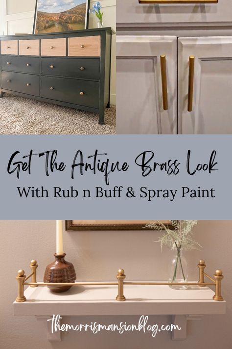 How To Antique Brass With Rub N Buff & Spray Paint - The Morris Mansion Rustoleum Brass Spray Paint, Rub N Buff Cabinet Hardware, Rub N Buff How To Use, Rub N Buff Colors, Rub And Buff Projects, Best Brass Spray Paint, Antique Brass Spray Paint, Spray Painting Light Fixtures, Best Gold Spray Paint