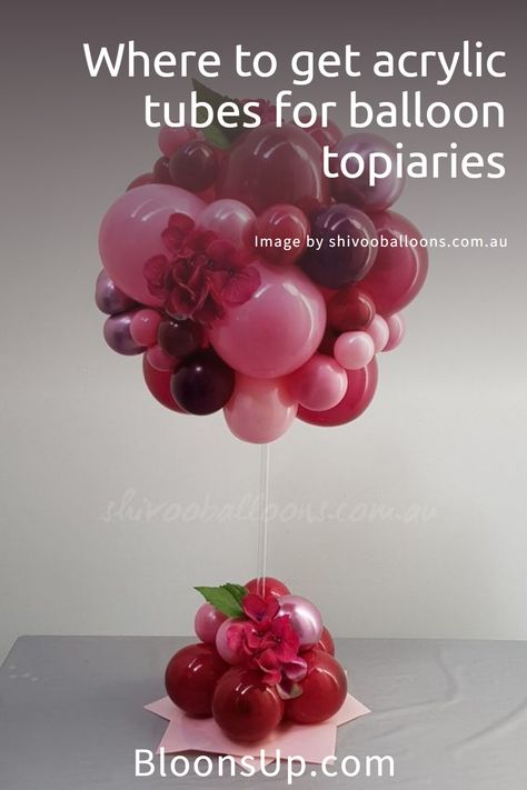 Want to make one of these stunning balloon centerpieces yourself? Wonder what to use for the pole and base? Click on the image to find out what materials to use and where to get them. Balloon Table Arrangements, Balloon Flower Centerpieces, Balloon Table Decorations, Masquerade Centerpieces, Balloon Topiary, Topiary Centerpieces, Balloon Centerpiece, Deco Ballon, Celebration Balloons